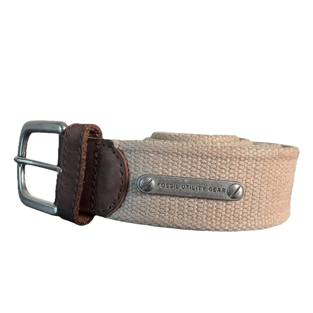 Fossil Utility Gear Mens Khaki Canvas Webbing Leather Belt Size 40 MB4064250
